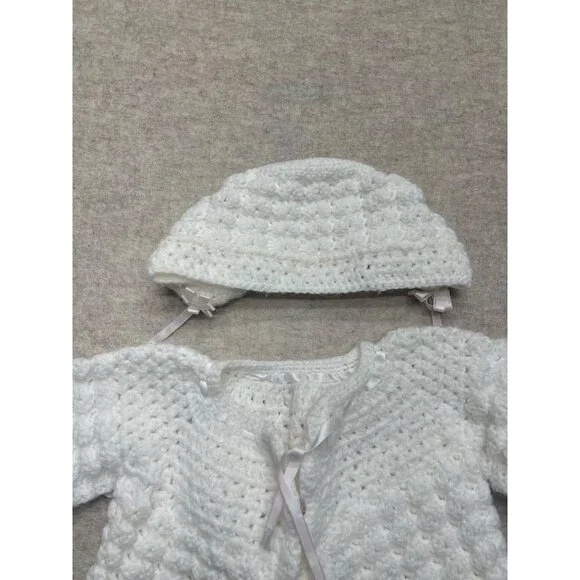 Vintage Handmade White Newborn Knit Cardigan Hat  Infant Sweater Bonnet Cap Set - Picture 2 of 5